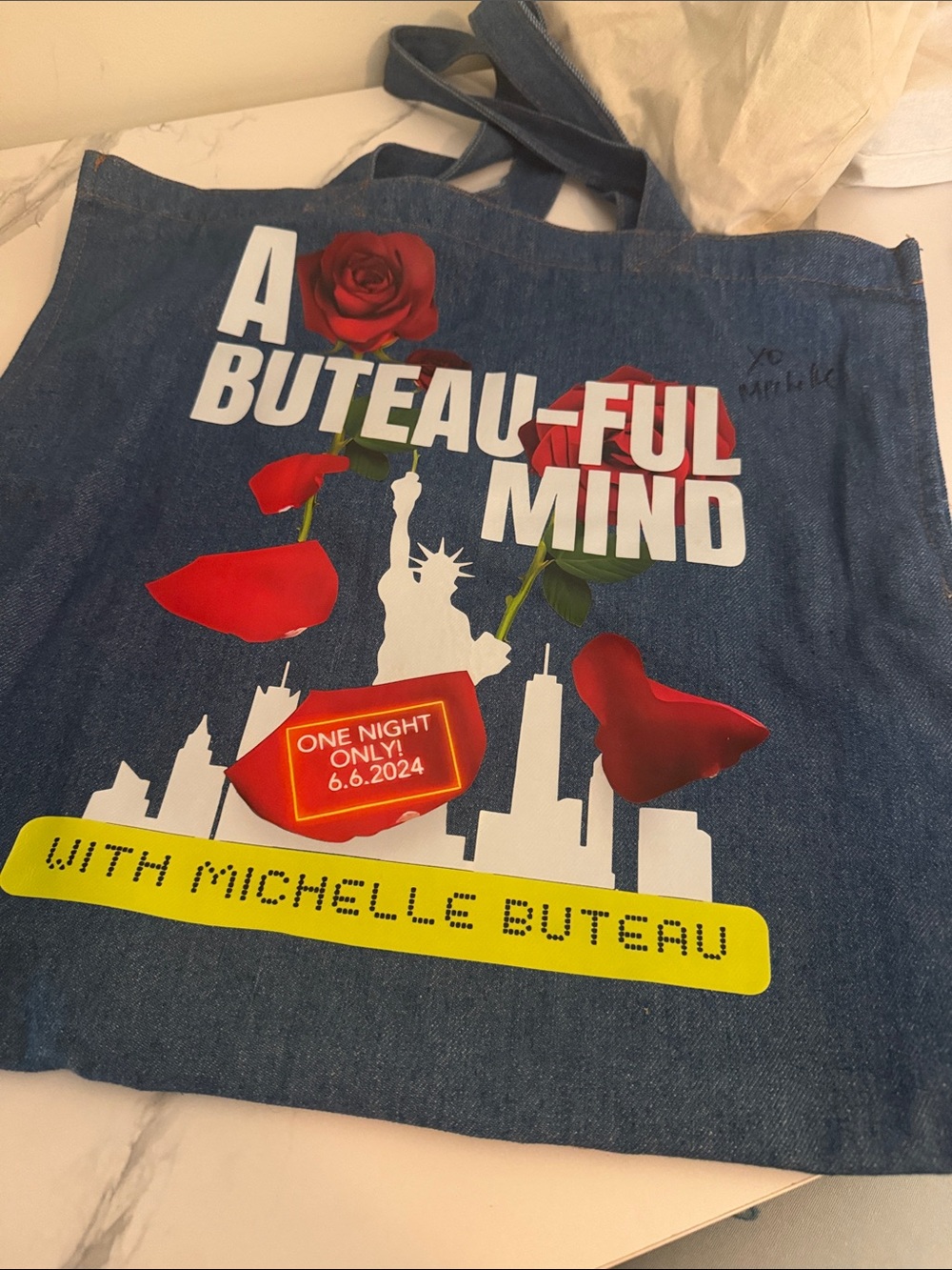 Denim Blue Graphic Tote Bag with Red Rose Print "Michelle Buteau"